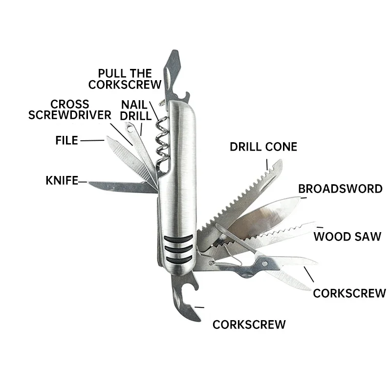 سكينة متعدّد الاستخدامات، سكين جيب 11 في 1 مع مفك براغي، فتاحة زجاجات من الفولاذ المقاوم للصدأ، مقص منشار خشبي، أداة طوارئ خارجية