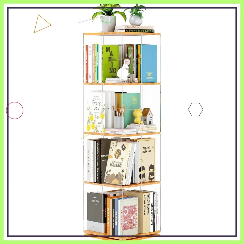 

360 Degree Rotating Bookshelf, 4-Tier Clear Acrylic & Solid Wood Bookcase for Kids Playroom, Bedroom, Living Room