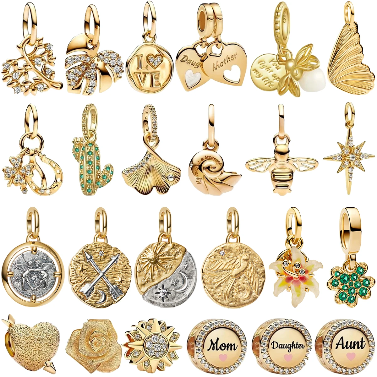 Abalorios de corazón de oro de Plata de Ley 925 originales, cuentas brillantes, colgante de seguridad de hoja de arce para mujer, pulsera DIY, regalo de joyería fina