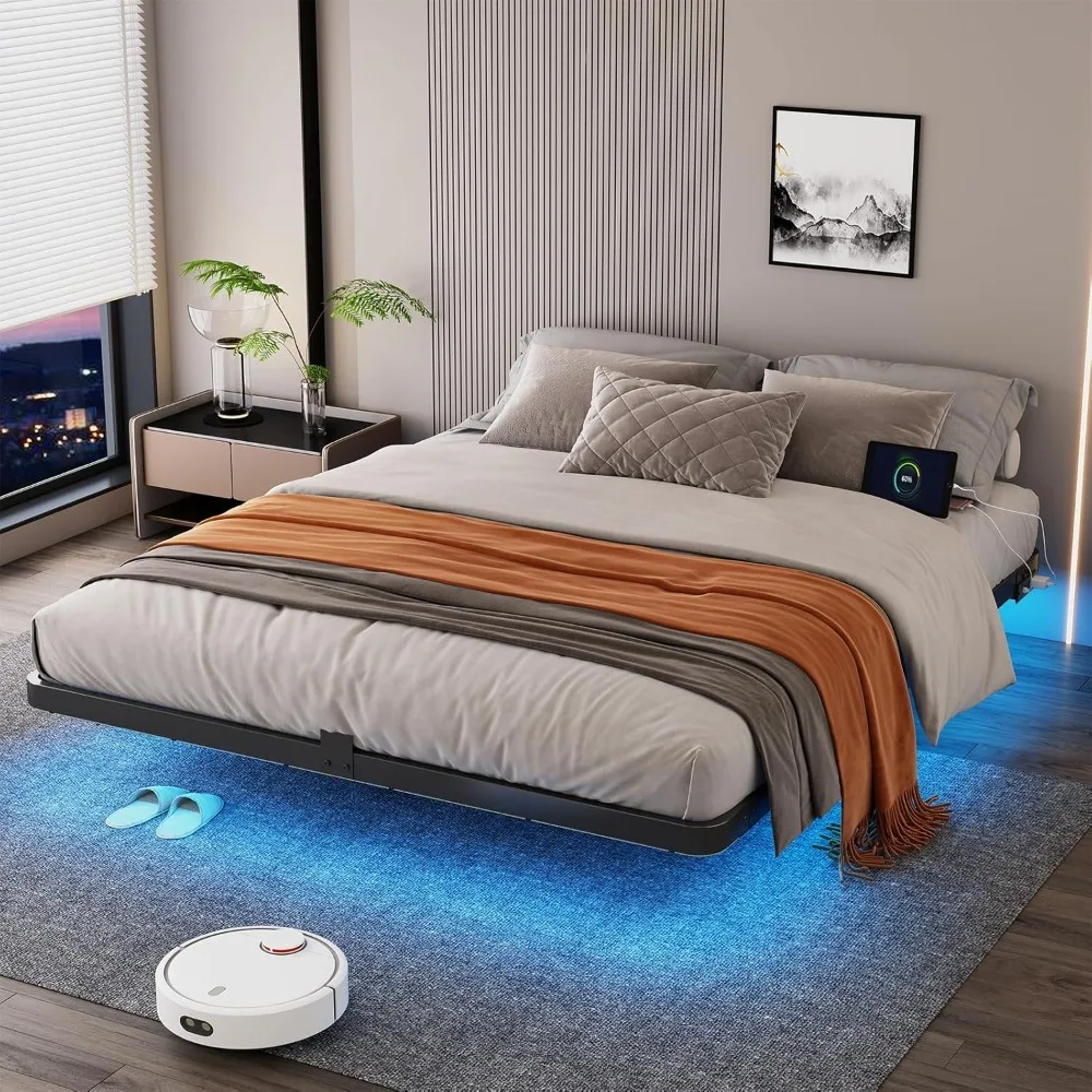 

Queen Size Floating Bed Frame - Metal Platform Bed with Smart LED Lights & Charging Station, No Box Spring Needed, Easy Assembly