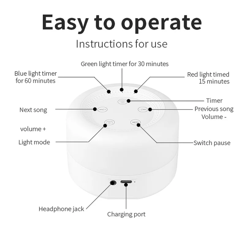 جهاز صوت أبيض محمول لنوم الطفل ، ضوء ليلي قابل للتعديل ، 12 صوتًا مهدئًا ، 7 ألوان إضاءة ، مؤقت للنوم #3