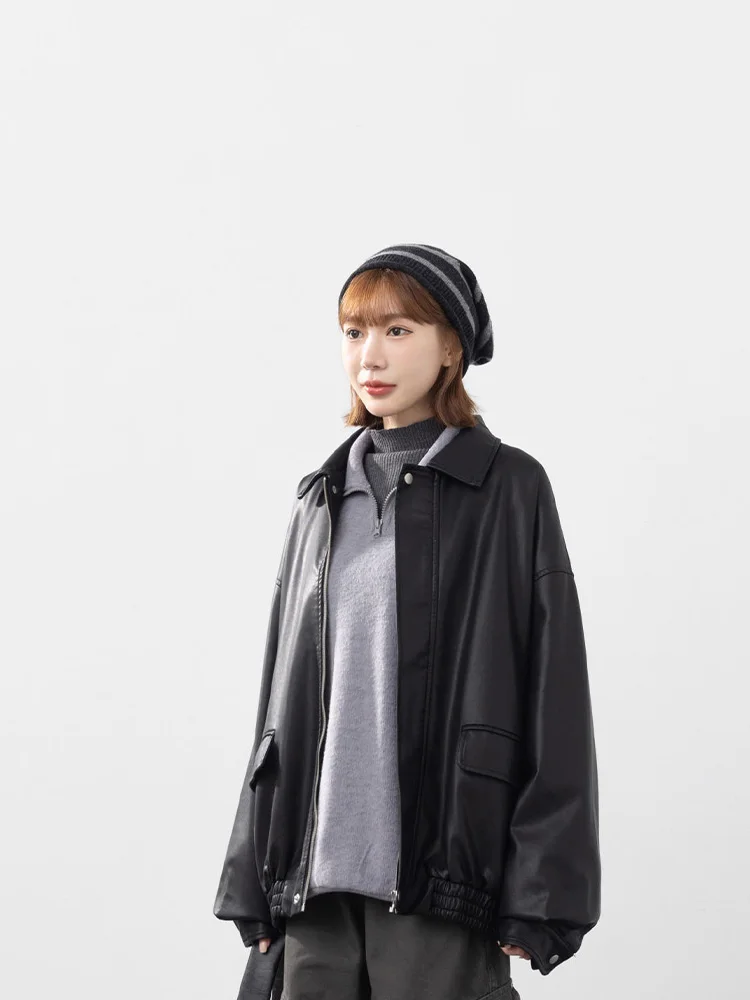 Queenop Herfst Winter Nieuwe collectie Damesmode Mat leer Jaet Loose Fit Bovenkleding Casual Sle Lange Sve Rits