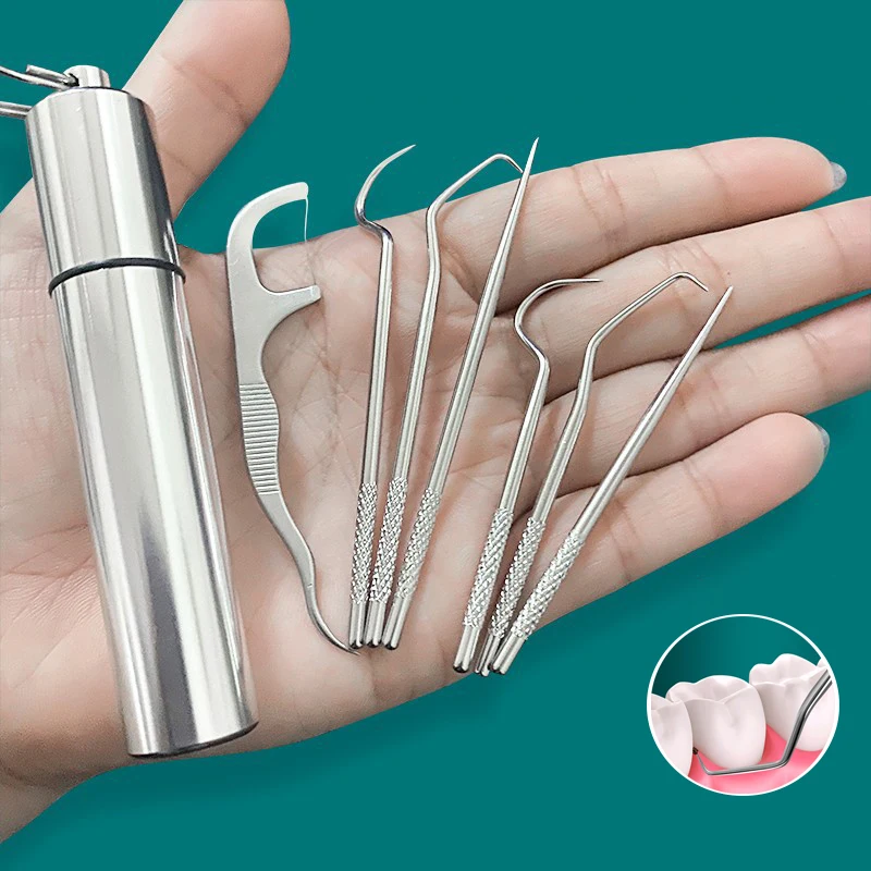 

7 pcs Stainless Steel Toothpicks Set With Portable Toothpick Holder Outdoor Household Travel Seal Storage Container Box Case