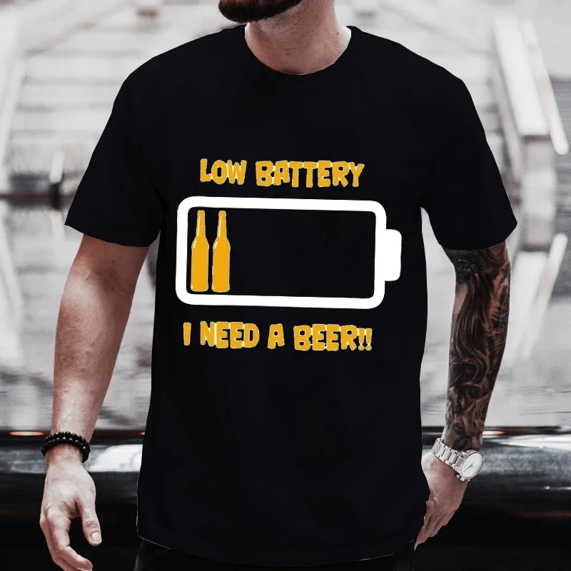 Men's T Shirt Short Sleeved Tops Clothing Tees Men T-Shirt Black Man T-Shirts Beer and Battery Print Clothes for Men Funny Tees