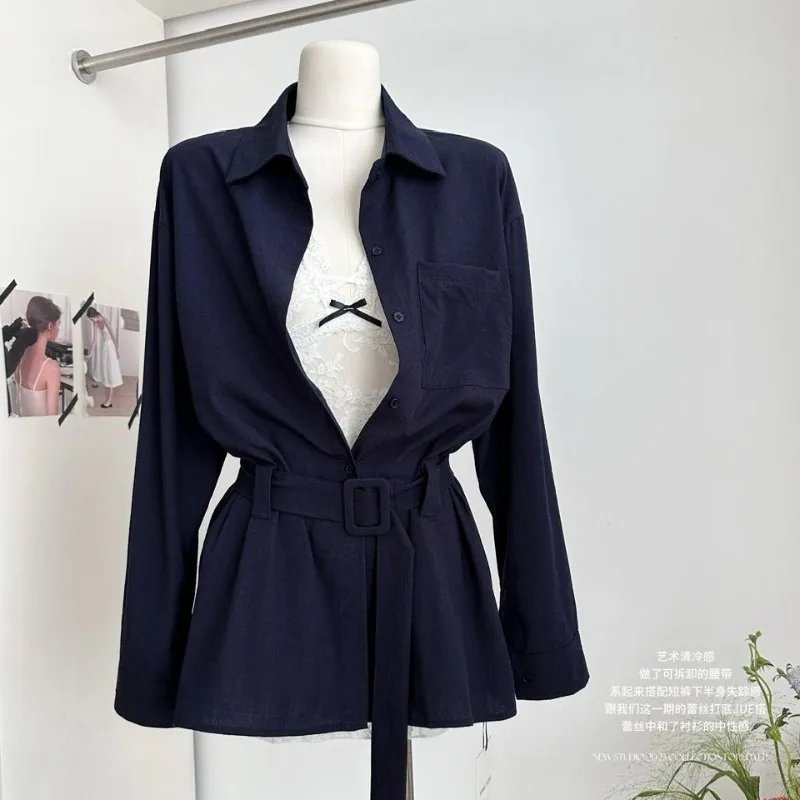 

New Lace Skirt Bottoming Vest Two-piece Casual Belt Loose Lapel Waist Long-sleeved Shirt Women's Exquisite Temperament Simple