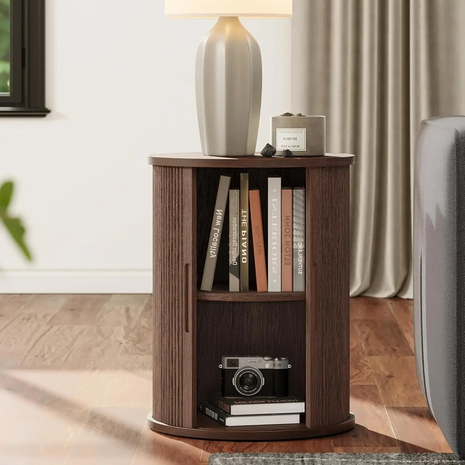 

BestsellerRound End Table, Fluted Side Table with Sliding Tambour Door and Storage Shelf, Mid Century Modern Circular Nightstand