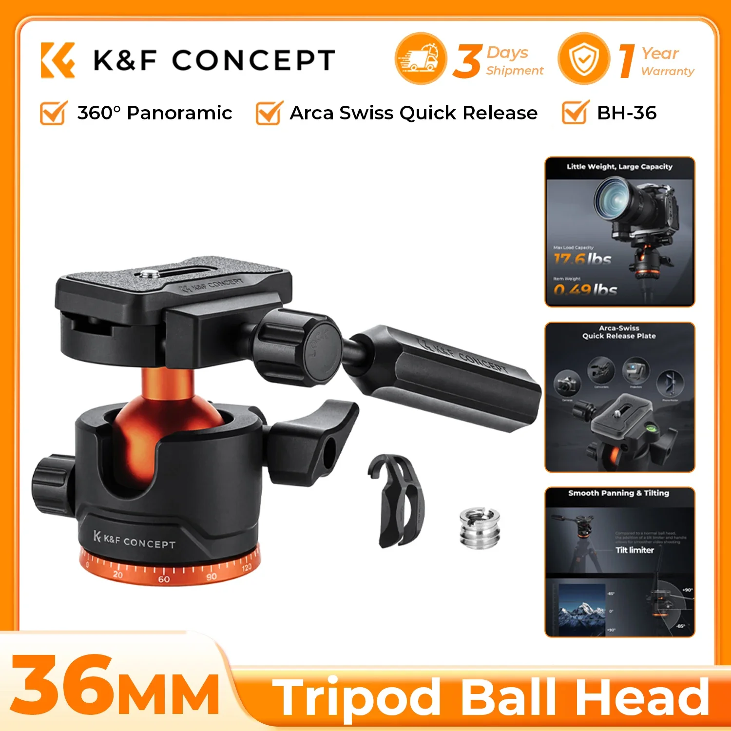 K&F CONCEPT Głowica Kulowa do Statywu 36mm Wytrzymała Głowica 8kg Panorama 360° z Odczepianym Uchwytem i Blokadą Pochylenia Mocowanie Arca Swiss