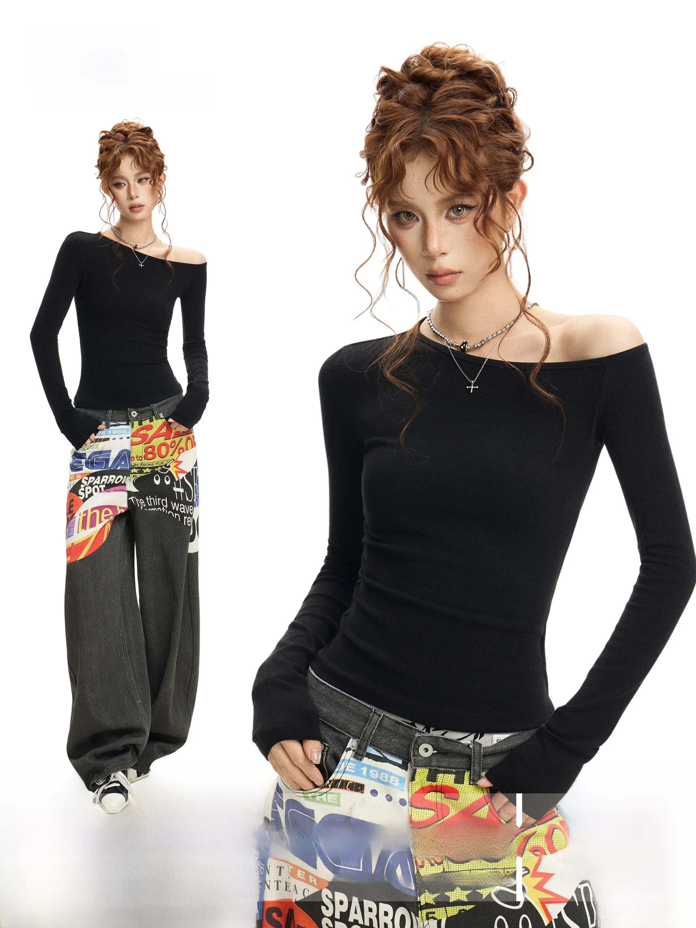 Slim Fit Short Sleeve Black Shoulder Bared Long Sleeve T Shirt Women's Autumn Base Layer Shirt Korean Style Commute Wind
