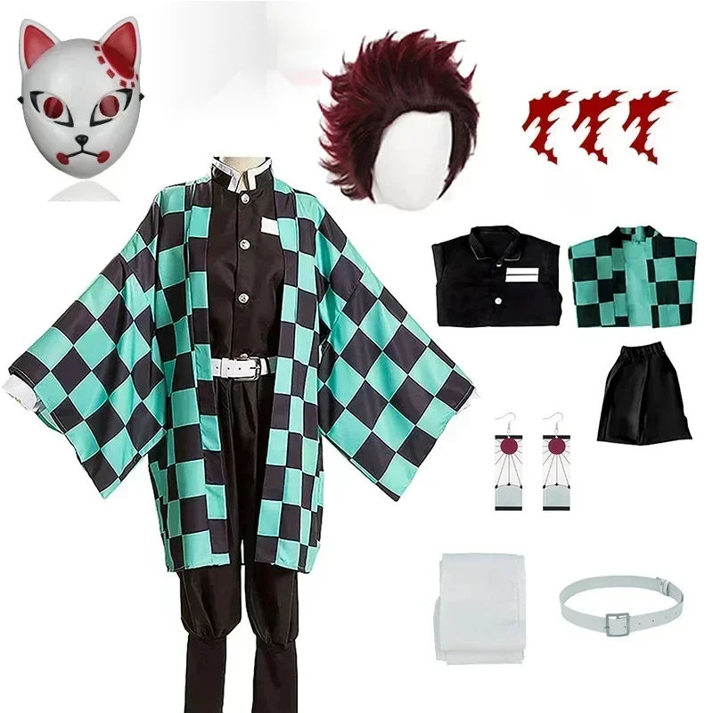 72-й Танджиро Косплей Аниме Танджиrou Камадо Костюм Kimetsu No Yaiba Кимоно Серьги Татуировки Наклейки для Взрослых и