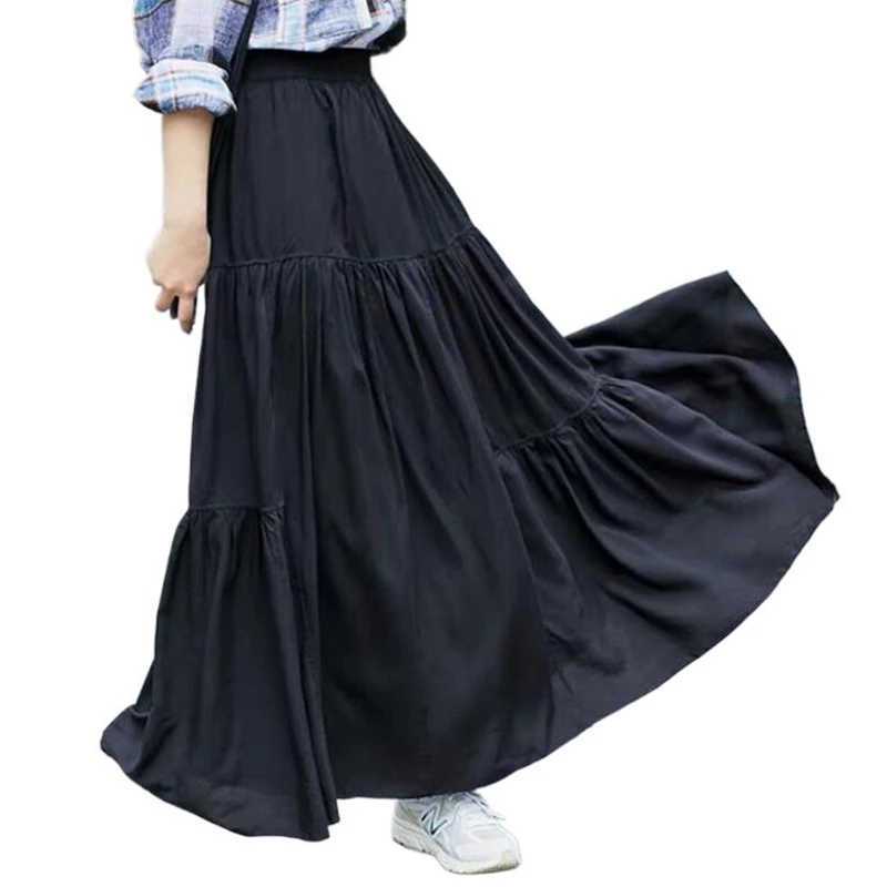 2024 Spring Autumn Women High Waist Pleated cotton linen skirts, fashion Korea casual long maxi skirts plus size party vestidos