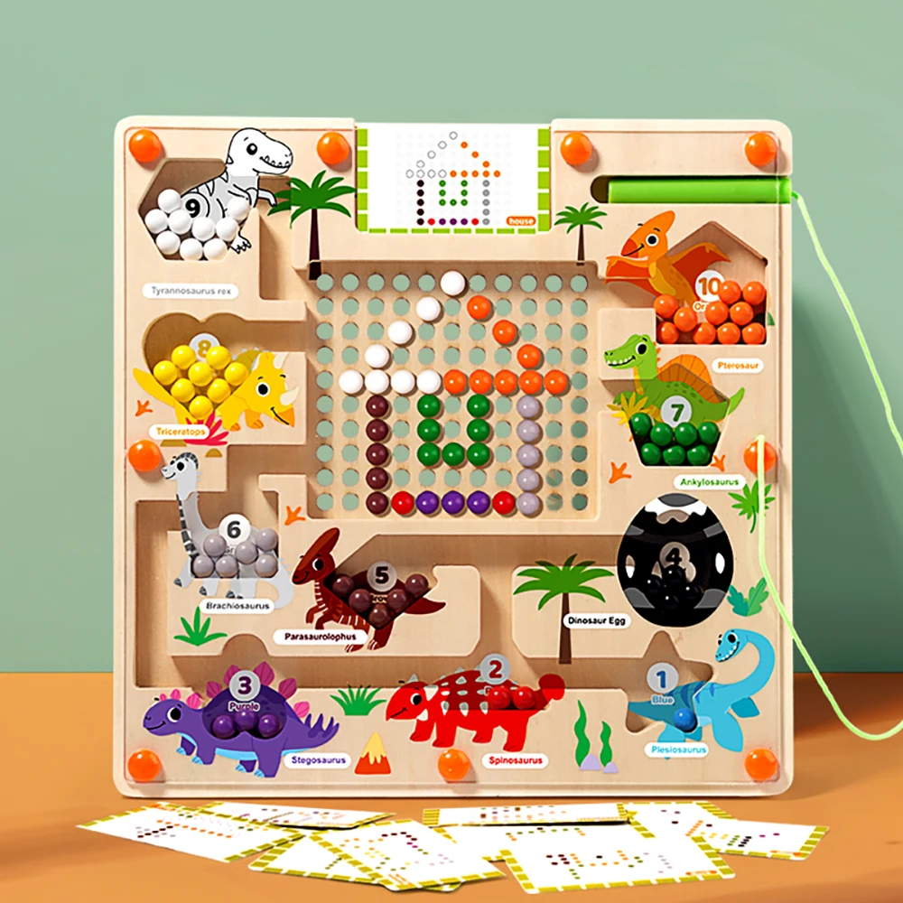 Magnetyczny kolor i numer labirynt Montessori dinozaur liczenie dopasowywanie nauka Puzzle Board maluch umiejętności motoryczne zabawki podróżne