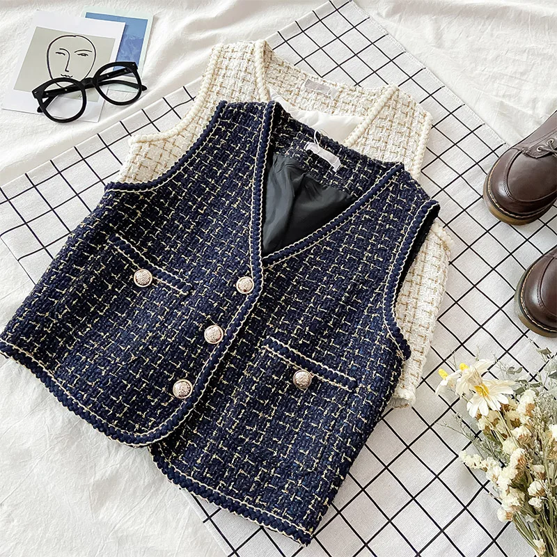 Women's Small Fragrant Style V-neck Sleeveless Plaid Vest Jackets Spring Autumn Thin Slim Age-reducing Single Breasted Waistcoat