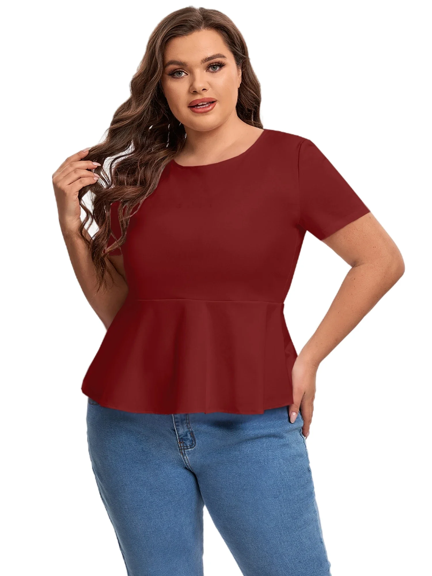 Plus Size Short Sleeve Elegant Summer Peplum Tops Women Keyhole Back Ruffle T-shirt Tee Blouse Plus Size Clothing Women 7XL 8XL