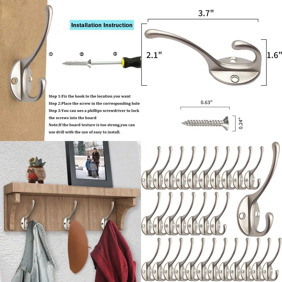 

30 упаковок сверхмощных двойных крючков для одежды, настенных креплений с 60 винтами, двойные крючки в стиле ретро, серебристые крючки для пальто, шарфа, сумки Towe