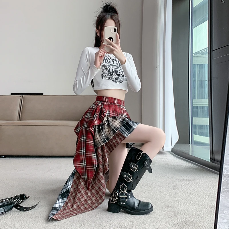 Spicy Girl Patchwork Plaid Skirt Spring/Autumn New Irregular