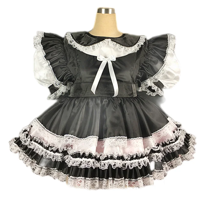 

Hot Selling Sexy Adult Sissy Black Fluffy Cuffs Doll Collar Lace Ruffle Girl Maid Dress Custom