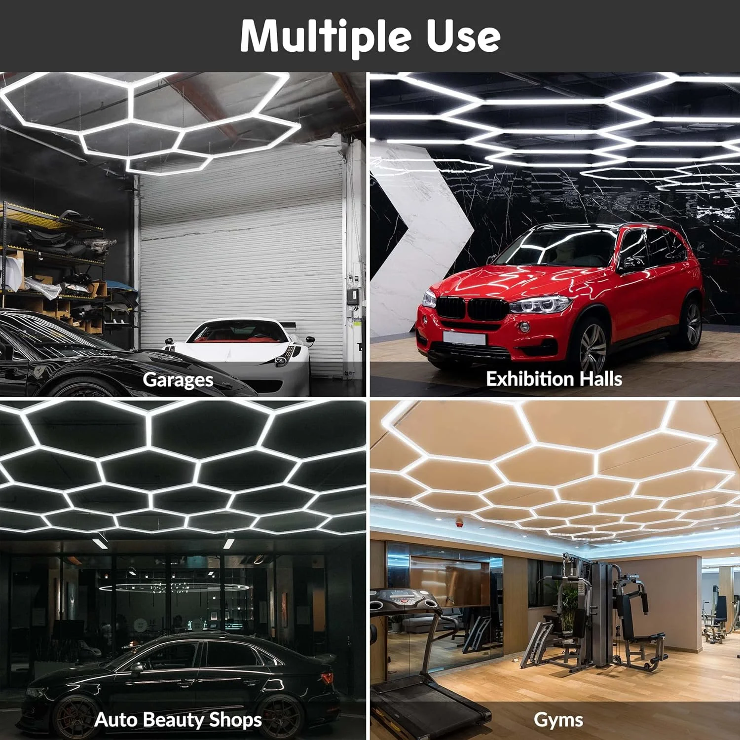 Hexagon Garage Light with Rectangle Frame Car Detailing Ceiling LED Light for Warehouse Workshop Gym Basement Car Care Wash Room