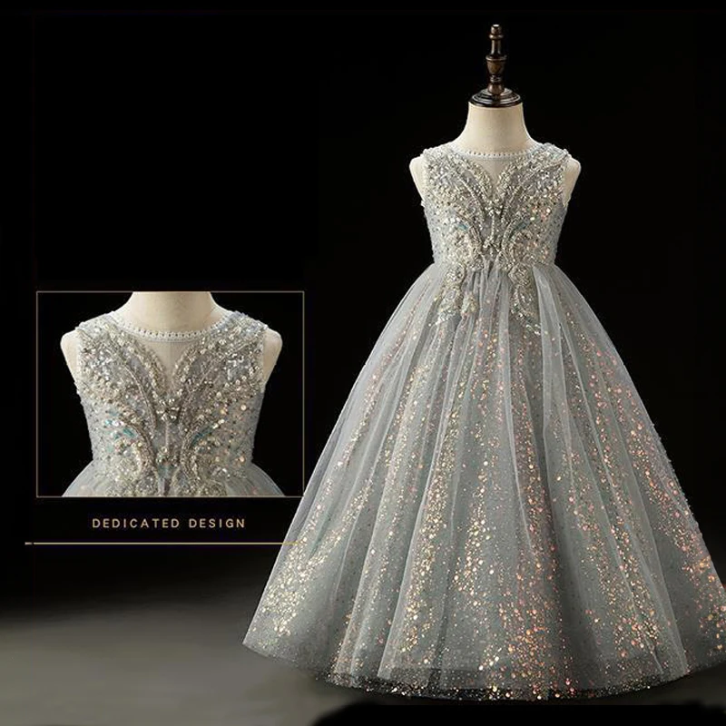 Wedding Birthday Party Dress for Flower Girls Kids Grey Princess Luxury Evening Long Gowns Formal Children Pageant Prom Dresses