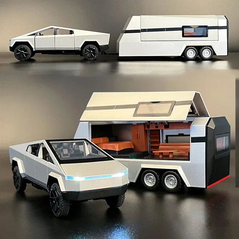 1:32 Tesla Cybertruck Model Y Trailer Car Alloy Diecasts & Toy Vehicles Metal Toy Car Model Sound and light Collection Kids Toy