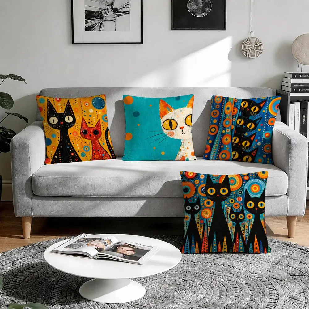 Night Cat Wall Art Cushion Cover 1/4Pcs Linen Throw Pillow Covers Double-Side Print Sofa Couch Living Room Decor