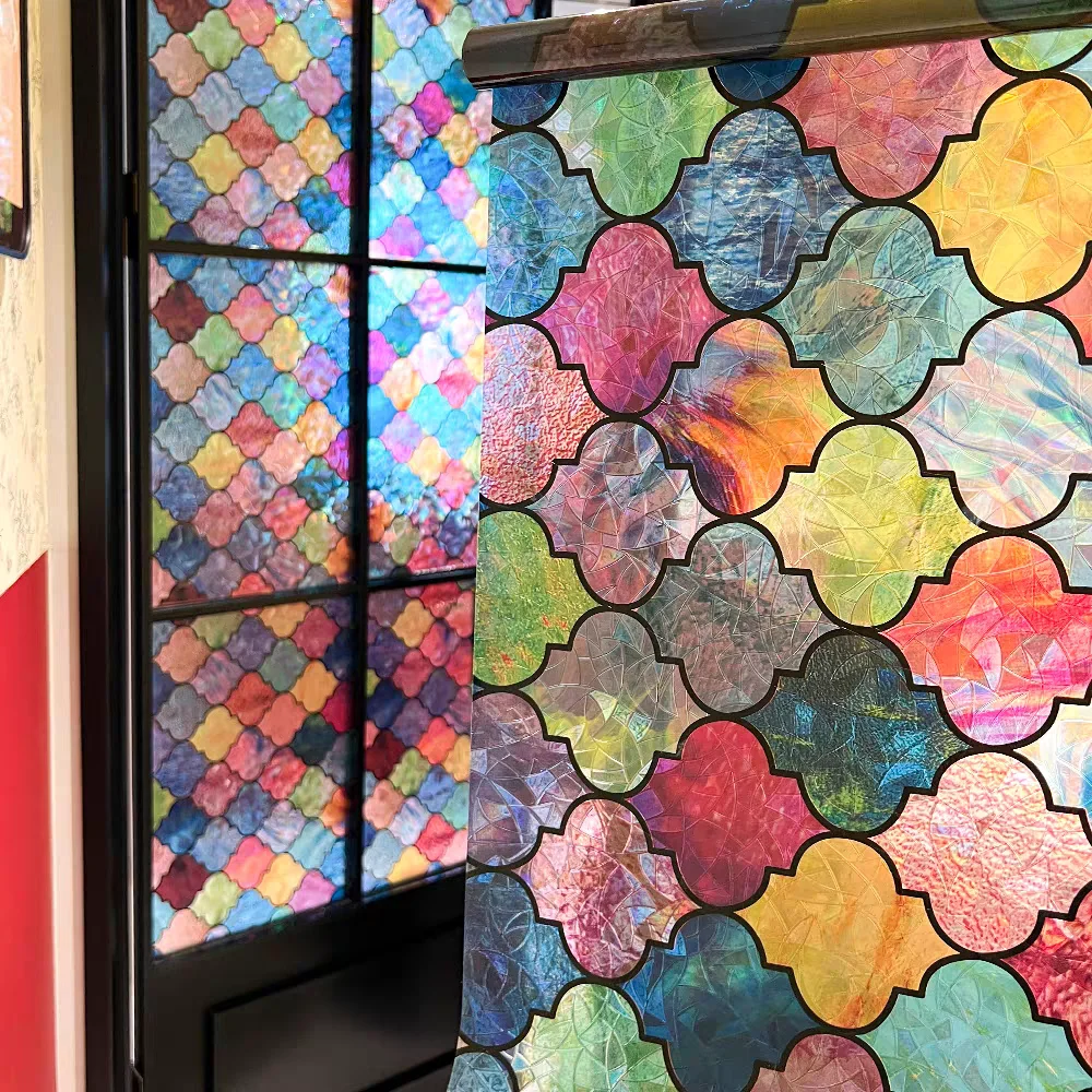 Stained Glass Window Privacy Film Four-Leaf Clover Laser Static Cling Sun UV Protection Removable Vinyl Cover for Home Glass