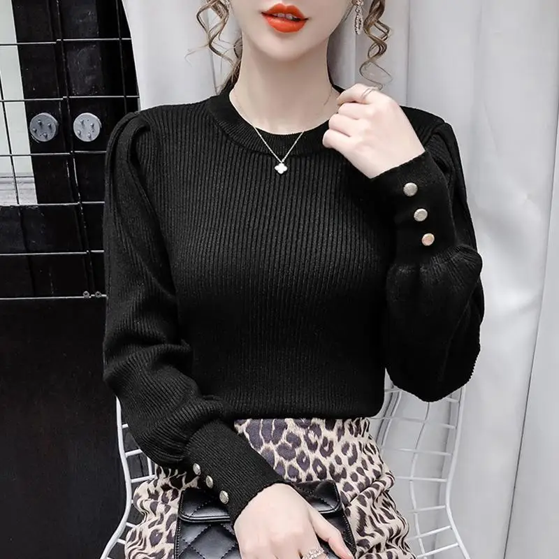 Women\'s Round Neck Puff Sleeve Knitted Pullovers, Button Sweaters, Bottoming Shirt, Korean Top, Elegant Fashion, Spring, Autumn