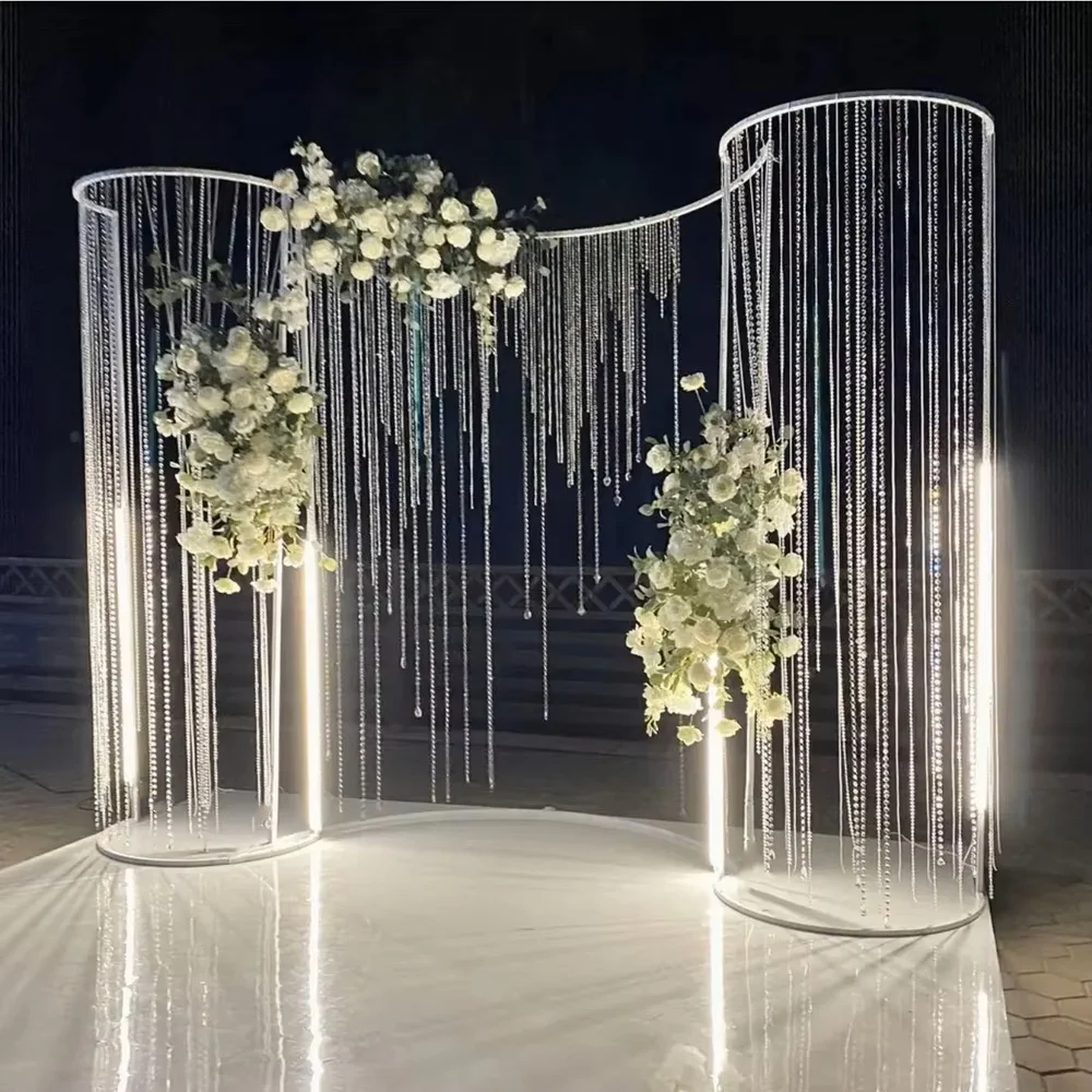 

No light)curve shape metal acrylic bead backdrop Hollow Out White Golden Metal Gate Door Stand Backdrop Wedding