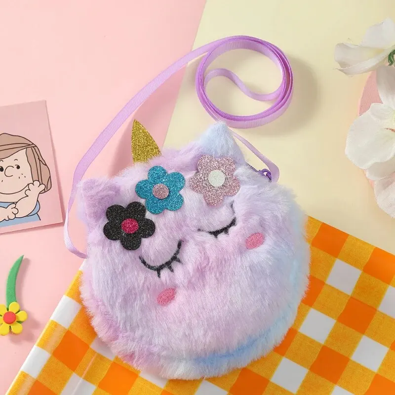 Bolso cruzado para niños, monedero de dibujos animados de unicornio de peluche, bolso cruzado con flores para niña, bolso de hombro portátil para cien