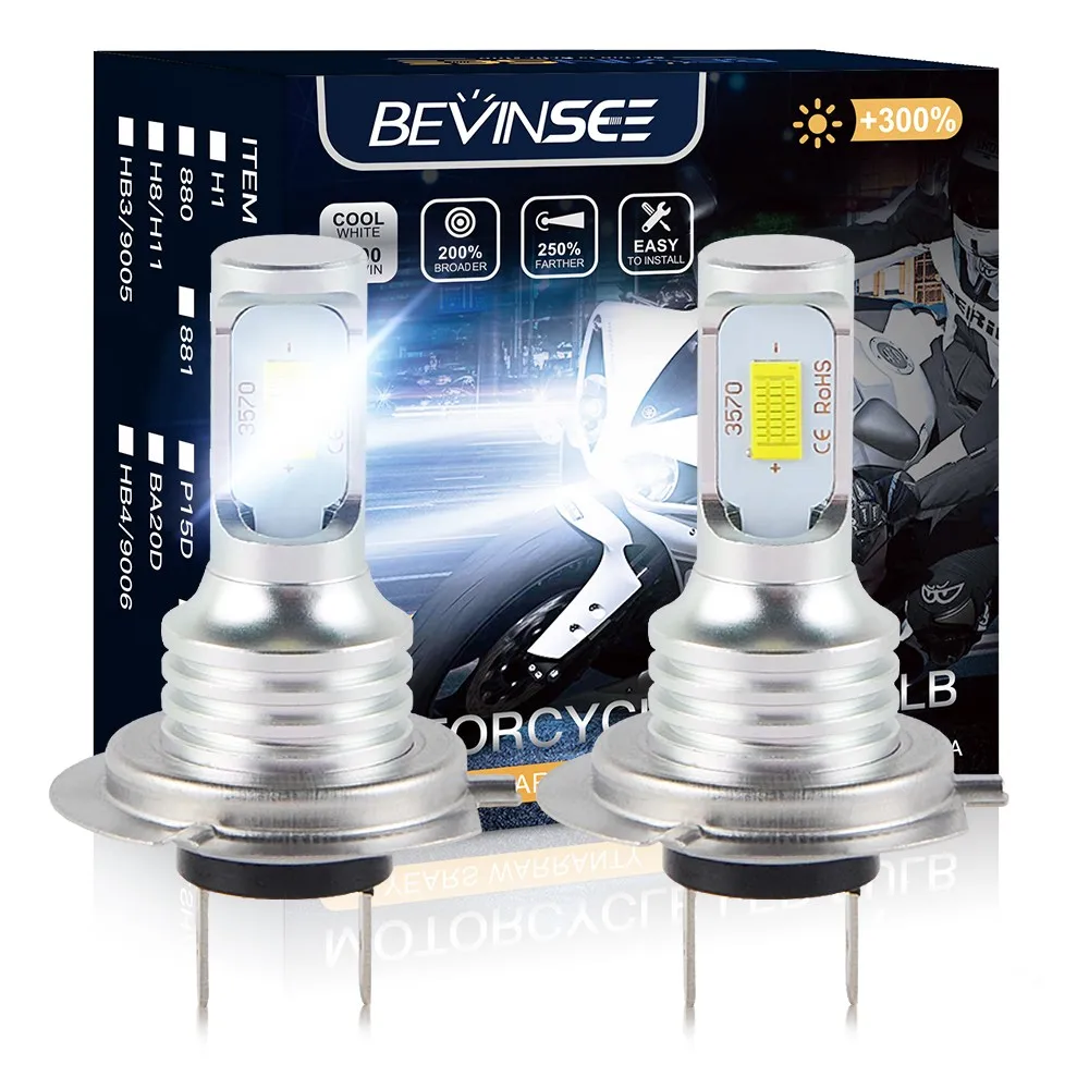 

BEVINSEE 2x H7 LED Motorcycle Headlight Bulbs 1:1 Halogen Size Fanless Plug & Play H7 LED Moto Light Headlamp 6000K 12V Lampada