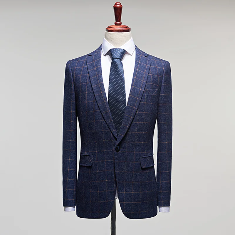 

CH691Groom's suit slim fit British plaid suit Korean style casual wedding dress wedding