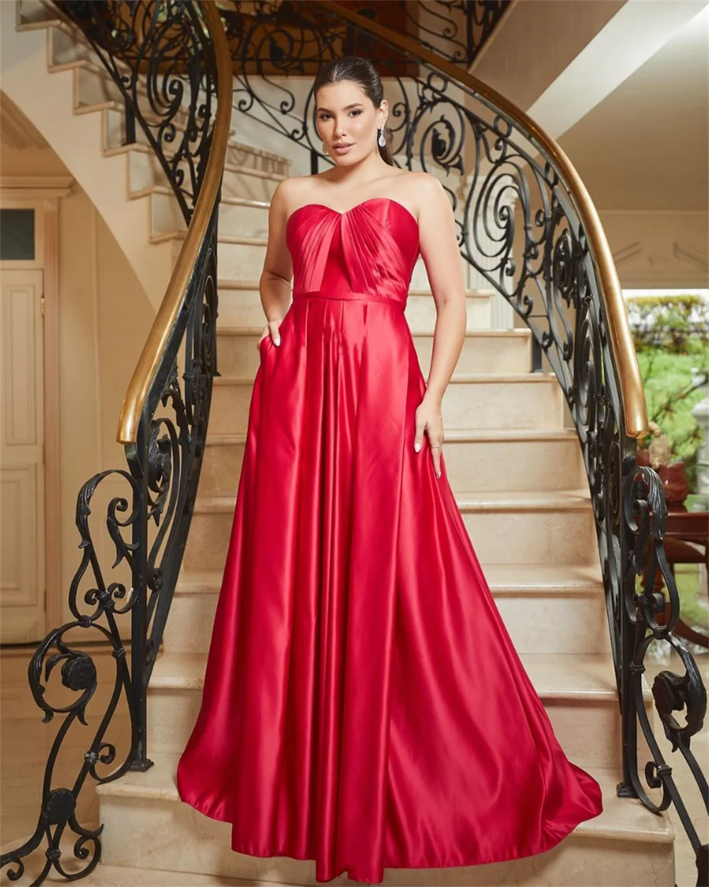 Annie Red Bride Prom Dresses Strapless Luxury Satin Special Occasion Evening Dresses Women's Wedding Party Dress فساتين سهرة