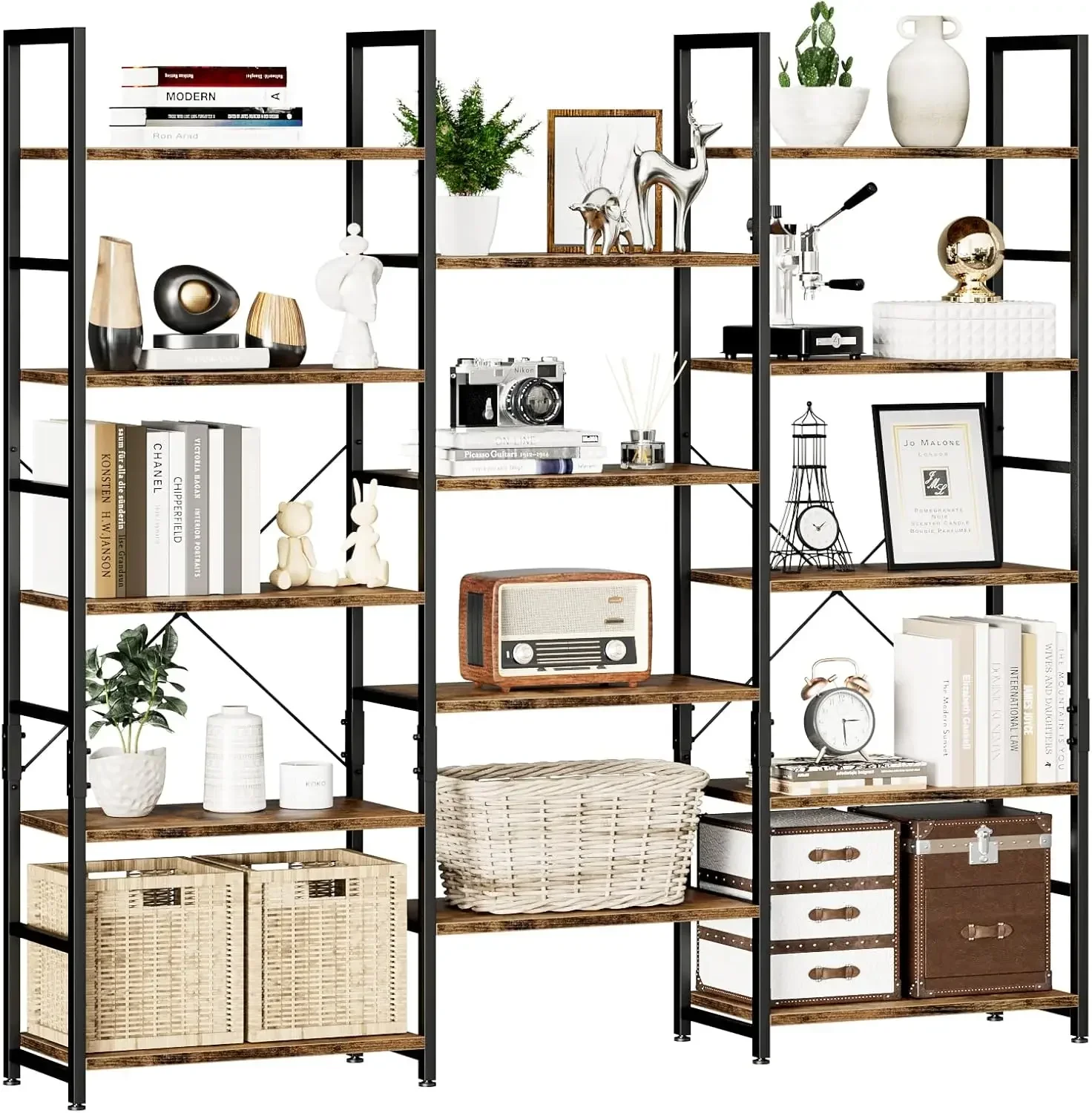 Triple Wide 5 Tier Bookshelf, Rustic Industrial Style Bookcases with 14 Open Display Shelves, Modern Tall Bookcase Furniture