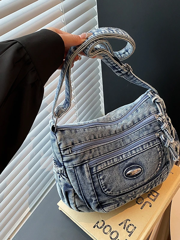 

Denim Large Capaci Ladies oulder Bag Simple Faion Casual Crossbody Bag Retro Sle Single Zipper Soft Polyester