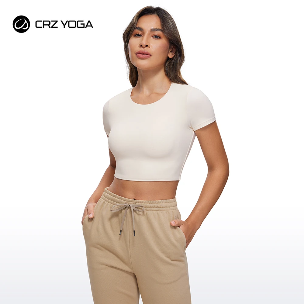 CRZ YOGA Womens Butterluxe Short Sleeve Crop Tops Double Lined Crew Neck Casual Workout T-Shirt Cute Basic Tee