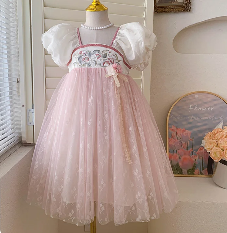 

New Baby Summer Girls Fairy Pink Puff Sleeve Mesh Dress, Princess Kids Sweet Fashion Party Dresses 3-7T