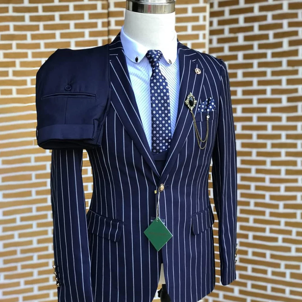 

Skinny Men's Suits Formal Pinstripe Chic Single Breasted Notch Lapel Slim Fit 3 Piece Jacket Pants Vest Outfits Costume Homme