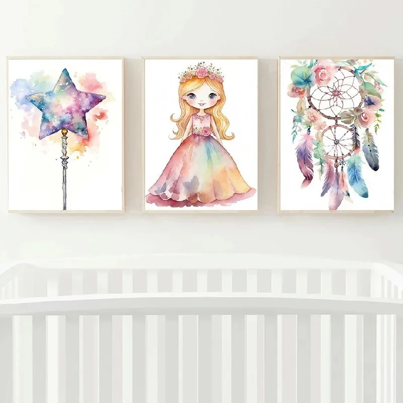 Dreamcatcher Princess Unicorn Girl Fairy Castle Colorful Wall Art Canvas Painting Posters and Prints Picture for Kids Room Decor