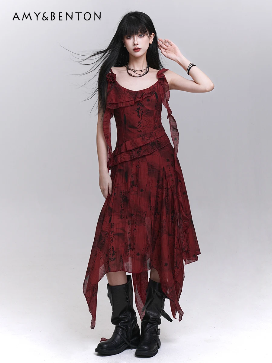 

2025 Summer New Stunning Red Strap Dress Unique Flower Ribbon High Waist Slim Fit High-end Design Casual Dress