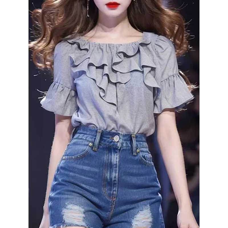 Boweylun New Korean Ruffled Round Neck Casual Short-sleeved T-shirt Ruffled Sleeves Solid Color Tops Girls Summer