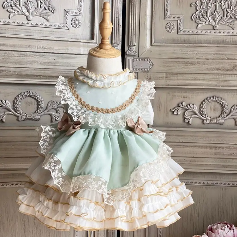 Spanish Turkish Royal Palace Princess Ball Gown Children's Sleeveless Lace Stitching Birthday Party Eid Girl Lolita Dress A354