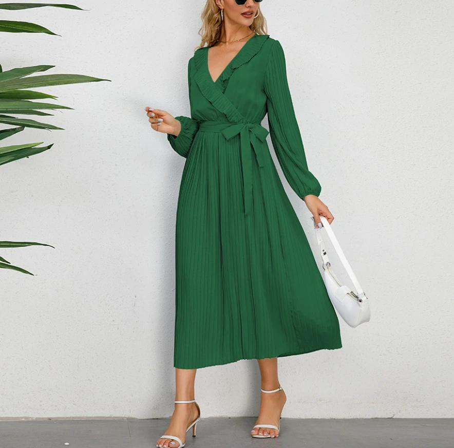 Women's Fashion New Dress Ruffle V-Neck Long Sleeved Pleated Skirt with Slim Fit and Elegant Style Shipped Within 48 Hours