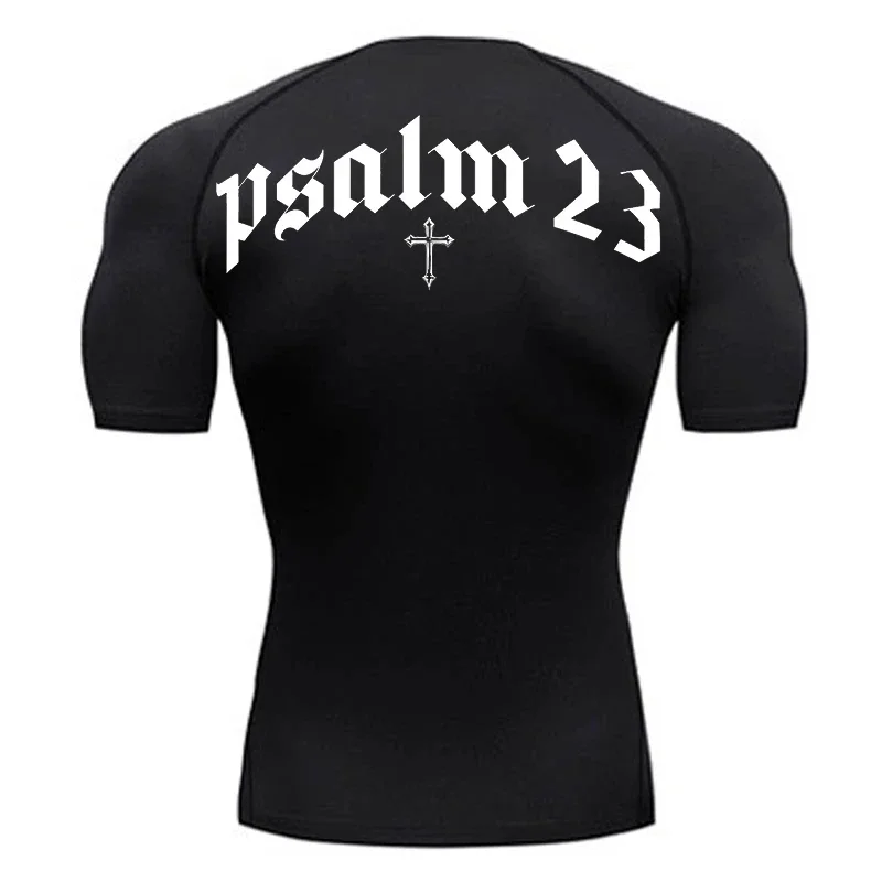 2024 Psalm 23 Cross Print Men\'s Sports Quick-Drying T-Shirt Tops Gym Workout Fitness Compression Shirt Short Sleeve S-3XL