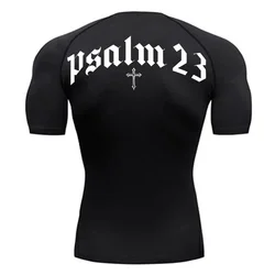 2024 Psalm 23 Cross Print Men's Sports Quick-Drying T-Shirt Tops Gym Workout Fitness Compression Shirt Short Sleeve S-3XL