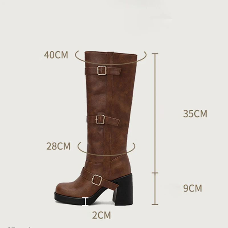 REAVE CAT 2026 Casual Women Knee High Boots Square Toe Chunky Heels 9cm Platform 2cm Zip Buckles 42 43 44 Daily Shoes