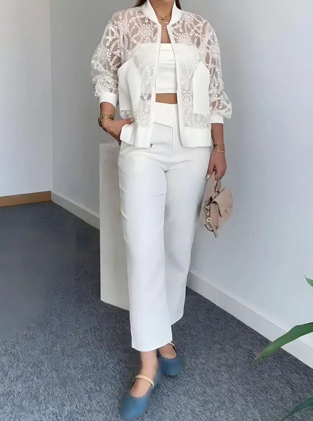 

Flower Lace Embroidered Mesh Patch Baseball Jacket with Casual Zipper, Autumn Women's Elegant and Fashionable Lace Jacket