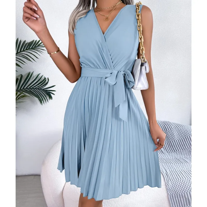 

Spring And Summer Cross V-neck Sleeveless Pleated Dress Office Lady Elegant Lace Up Knee Length Solid Color Dress For Women 2024