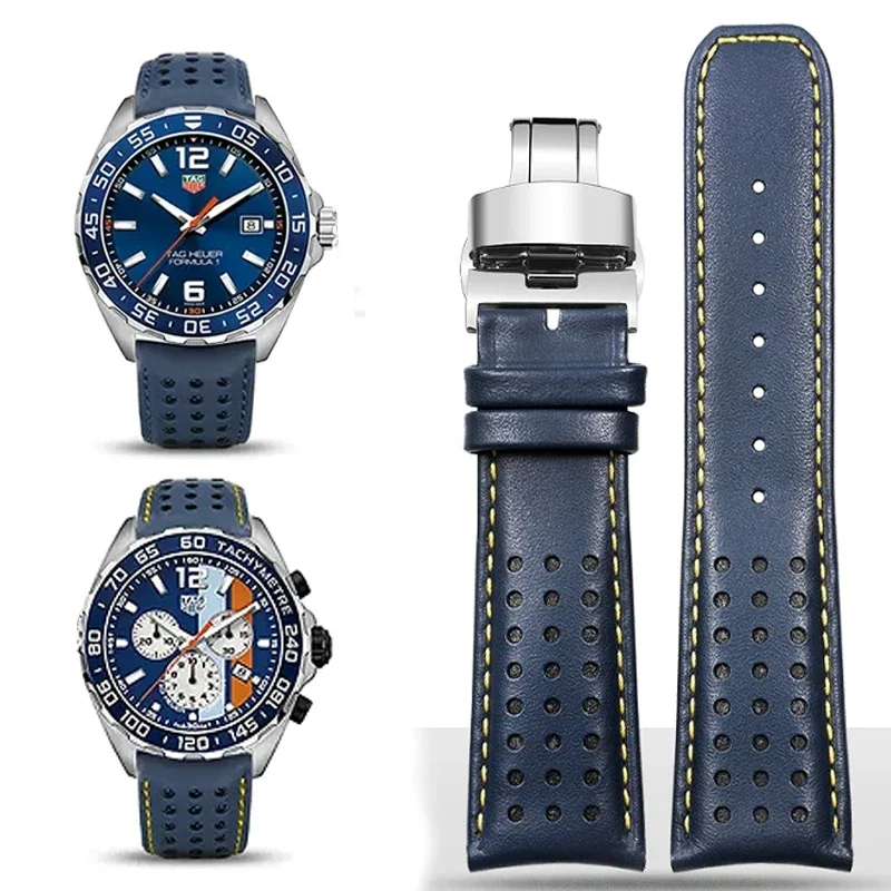 Genuine Leather Watchband For TAG Heuer F1 Racing Car Series Blue Strap for Mido Piloteer wristband Curved End Bracelet 22mm