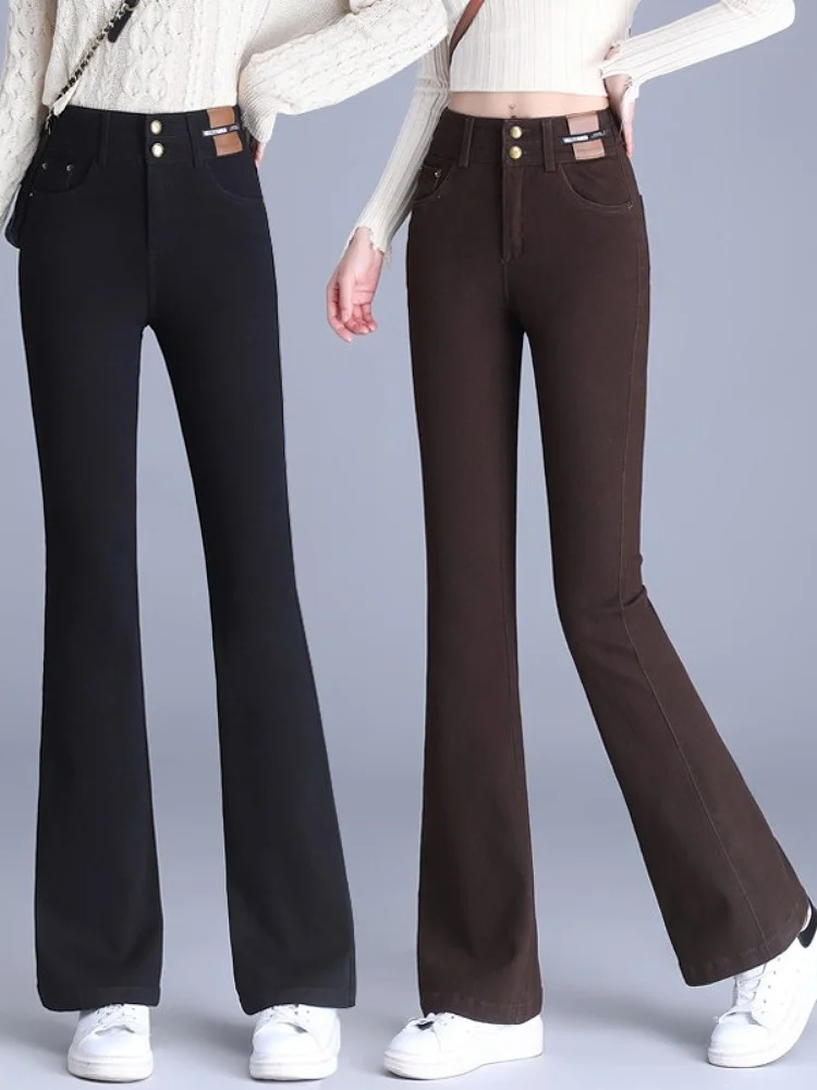 

Расклешенные джинсы с высокой талией, женские брюки 2024, ранняя осень, новые утягивающие брюки небольшого размера с девятью точками, хлопок, полиэстер...