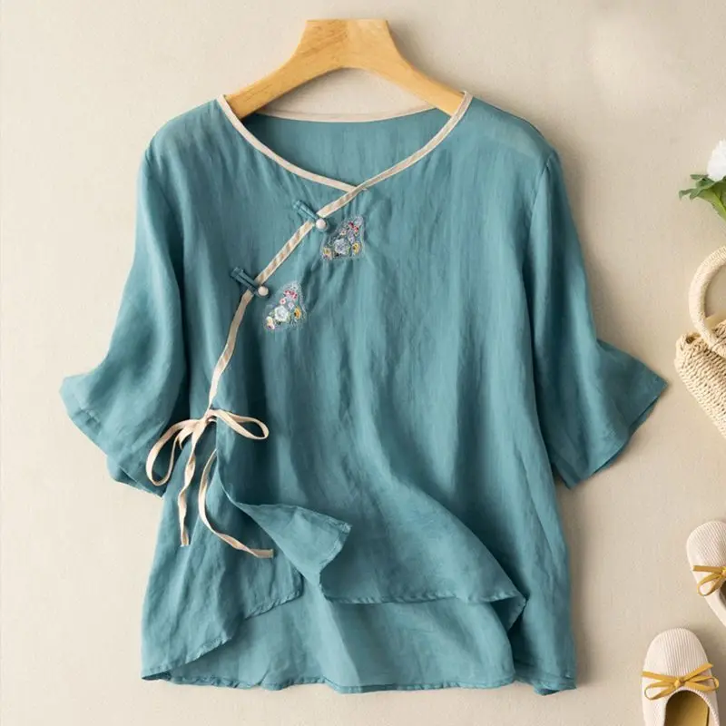 Women Summer Simplicity Loose Embroidered Solid Color Cotton and Linen O-neck Short Sleeve Shirts Ladies Fashion All-match Tops