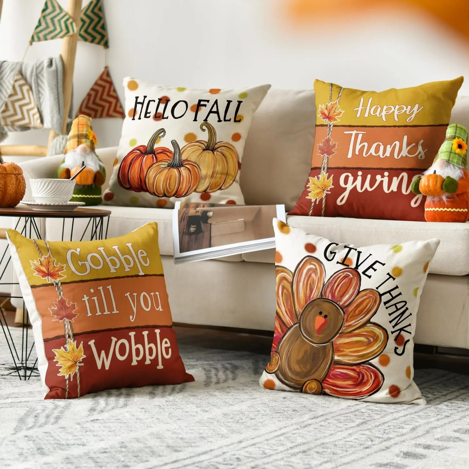 Happy Thanksgiving Hello Fall Pumpkin Turkey Throw Pillow Covers, 18 x 18 Inch Give Thanks Gobble Till You Wobble Harvest